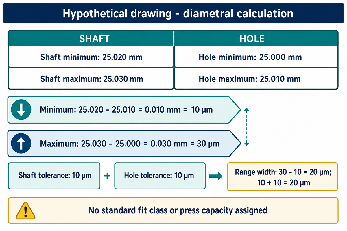 Hypothetical four-limit worksheet gives 10–30 μm diametral interference; it assigns no fit class or press capacity.