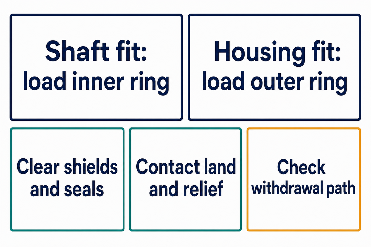 Shaft fits usually load the bearing inner ring; housing fits load the outer ring, with seals clear.