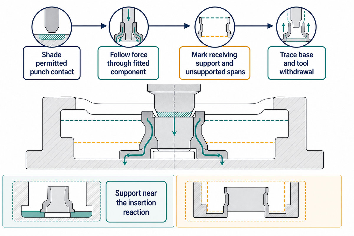 Check punch contact, fitted-component load, receiving support and tool withdrawal in a thin-wall nest.