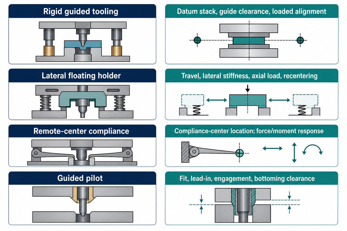 Compare rigid guidance, lateral float, remote-center compliance and guided pilots by required evidence.