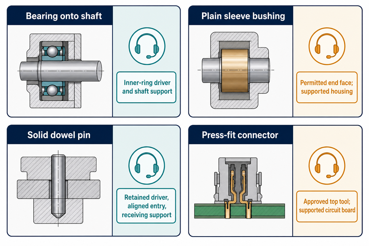 Bearing, bushing, dowel-pin and connector assemblies call for different permitted contact and support.