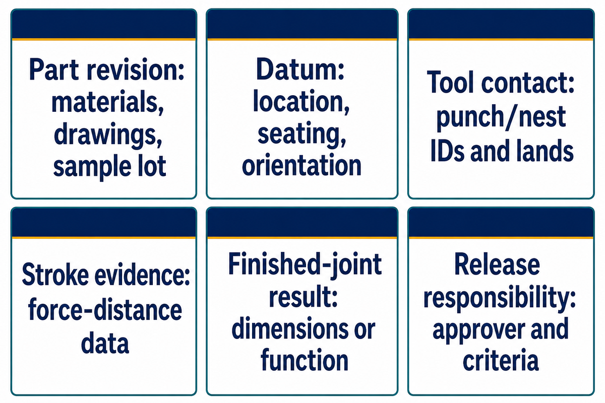 A tooling trial record ties part and tool revisions, stroke data, finished-joint results and approval.