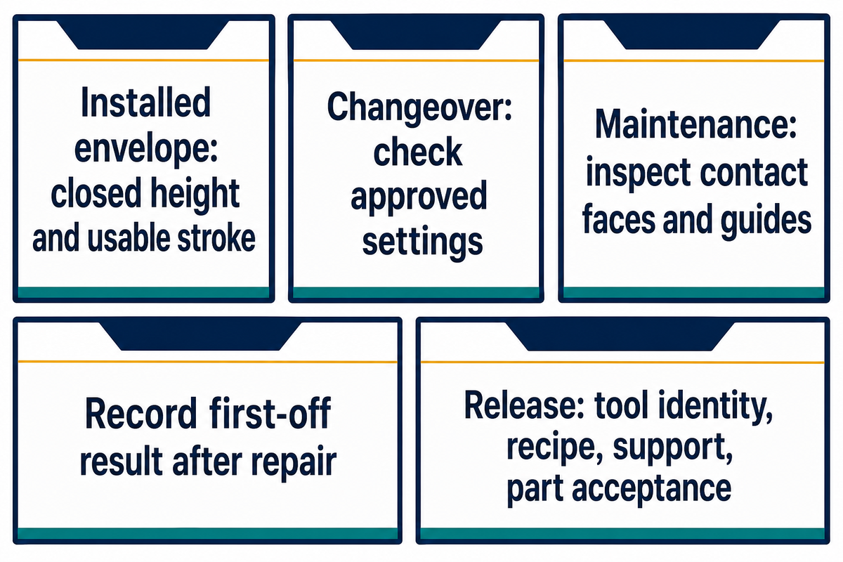 Check installed stroke, approved changeover, tool condition and part acceptance as one release package.