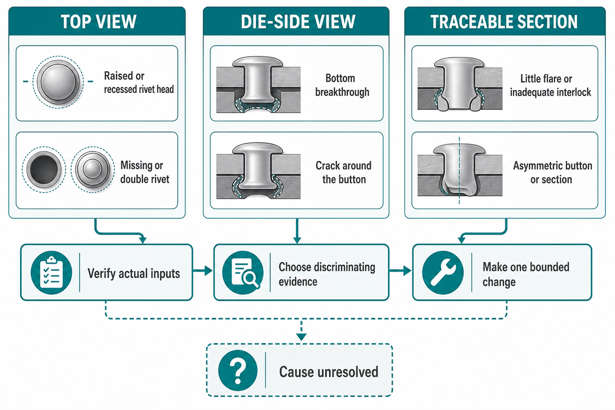 Three-view SPR defect triage links top, die-side and section observations to bounded next checks.