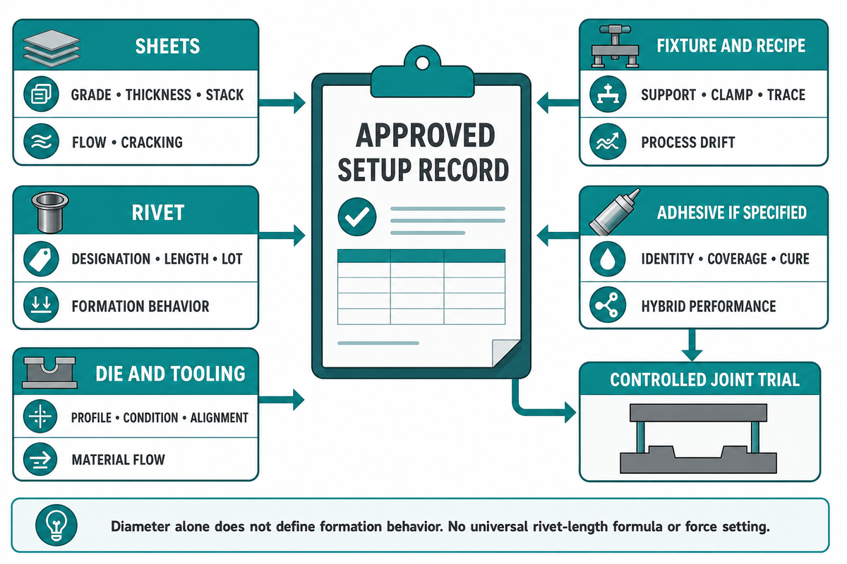 SPR trials must lock sheets, rivet, die, fixture, recipe and adhesive identities before adjustment.
