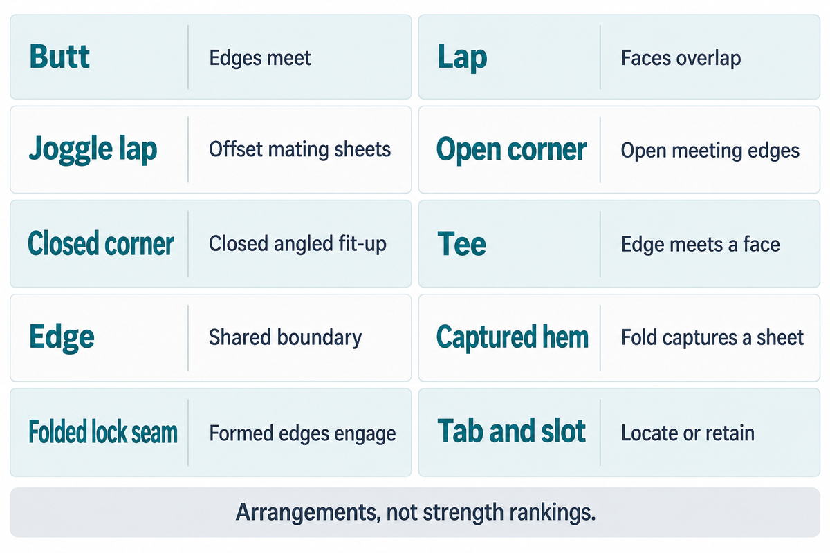 Ten joint geometries describe sheet arrangements rather than strength rankings; guide's drawing-review synthesis.