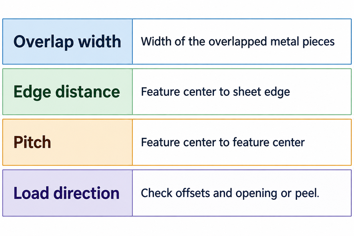 Overlap width, center-to-edge distance and center-to-center pitch are different drawing dimensions.