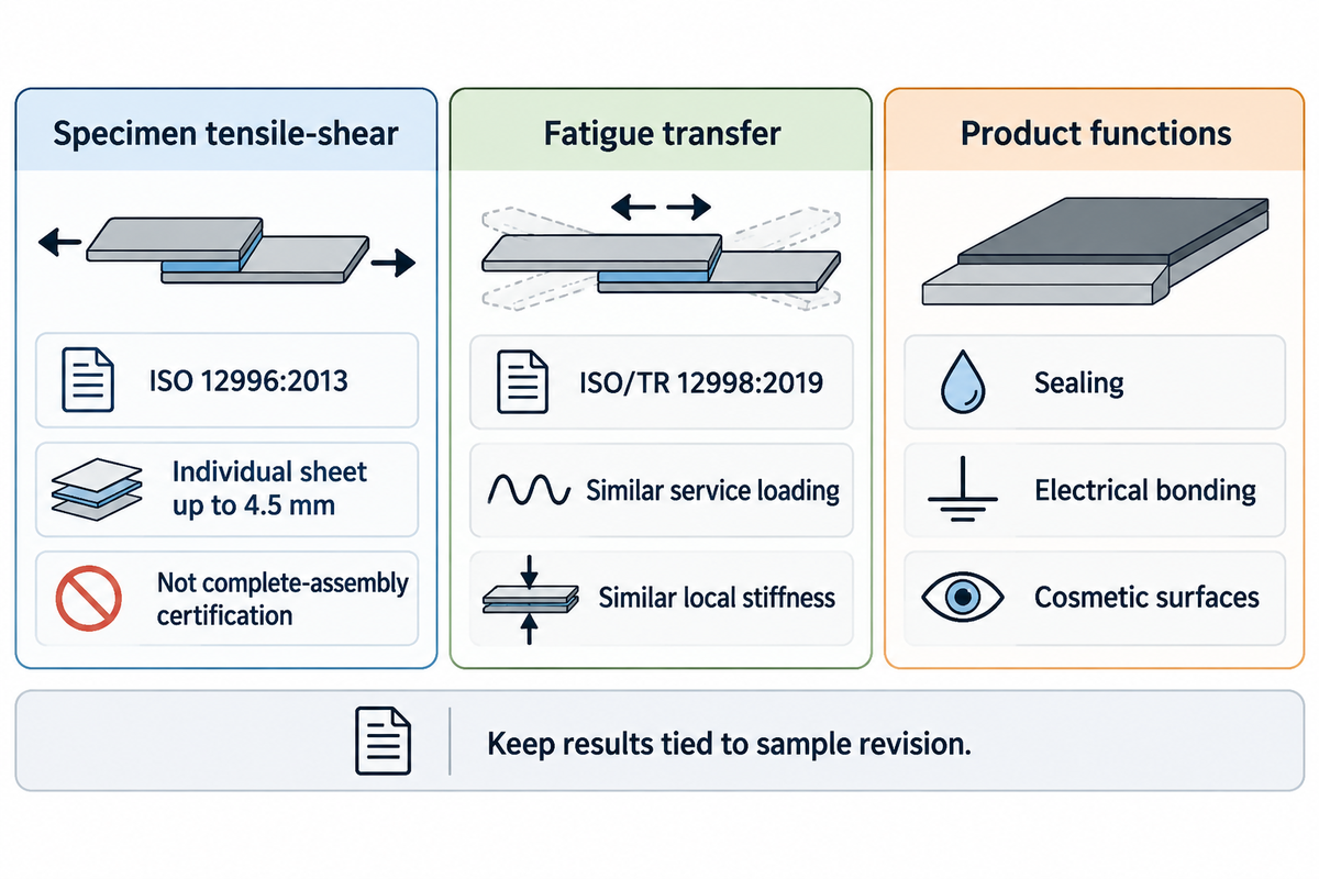 ISO 12996 covers applicable single-joint tensile-shear specimens; fatigue transfer needs similar loading and local stiffness.