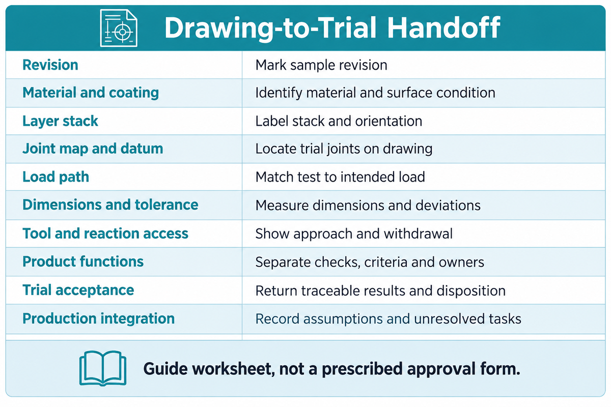 The guide's ten-field worksheet assigns drawing inputs and supplier return evidence; it is not a standard-prescribed approval form.