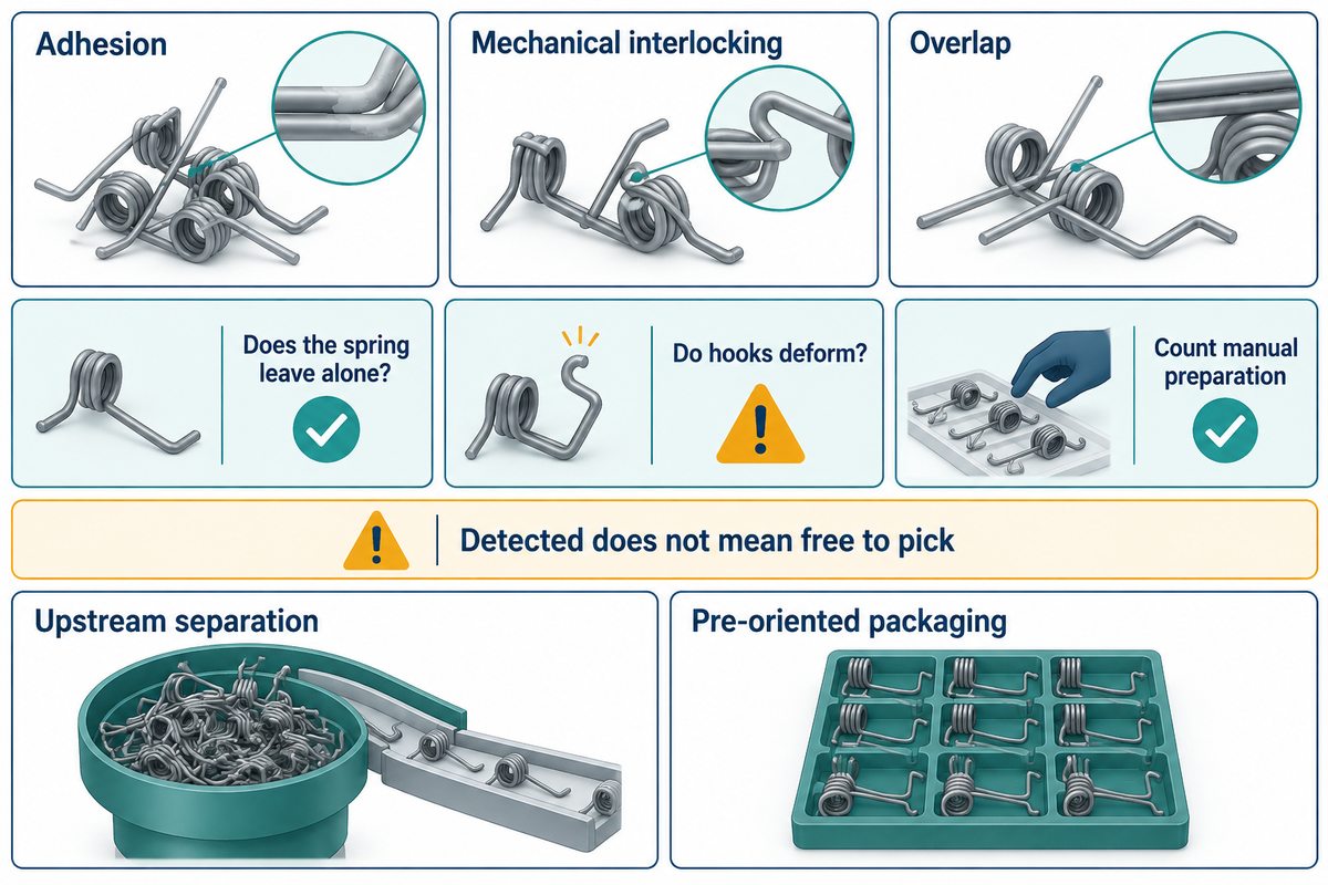 Adhesion, interlocking and overlap compared with spring separation and packaging trials that check single pickup, hook damage and manual preparation.