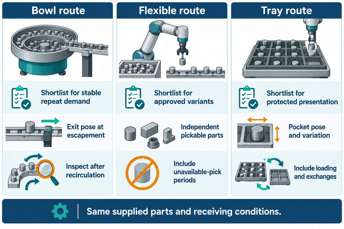 Bowl, flexible and tray routes compared by candidate condition, receiving pose, damage and interruption checks under common trial conditions.