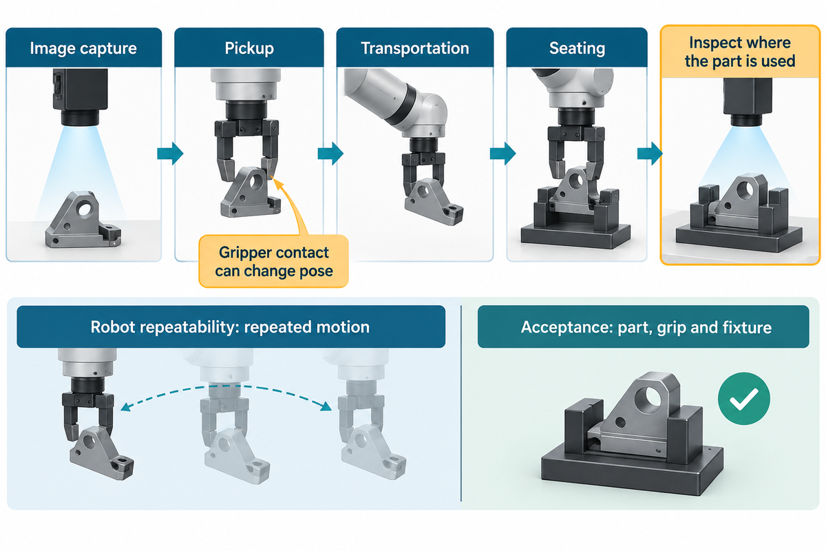 Part orientation tracked through camera, gripper, transport and fixture seating, with final inspection separate from robot repeatability.