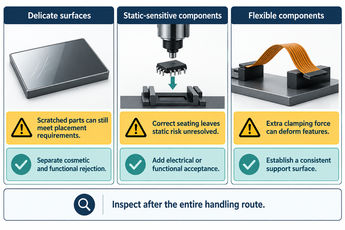 Handling risks for delicate surfaces, static-sensitive electronics and flexible parts, with separate acceptance checks after the full route.