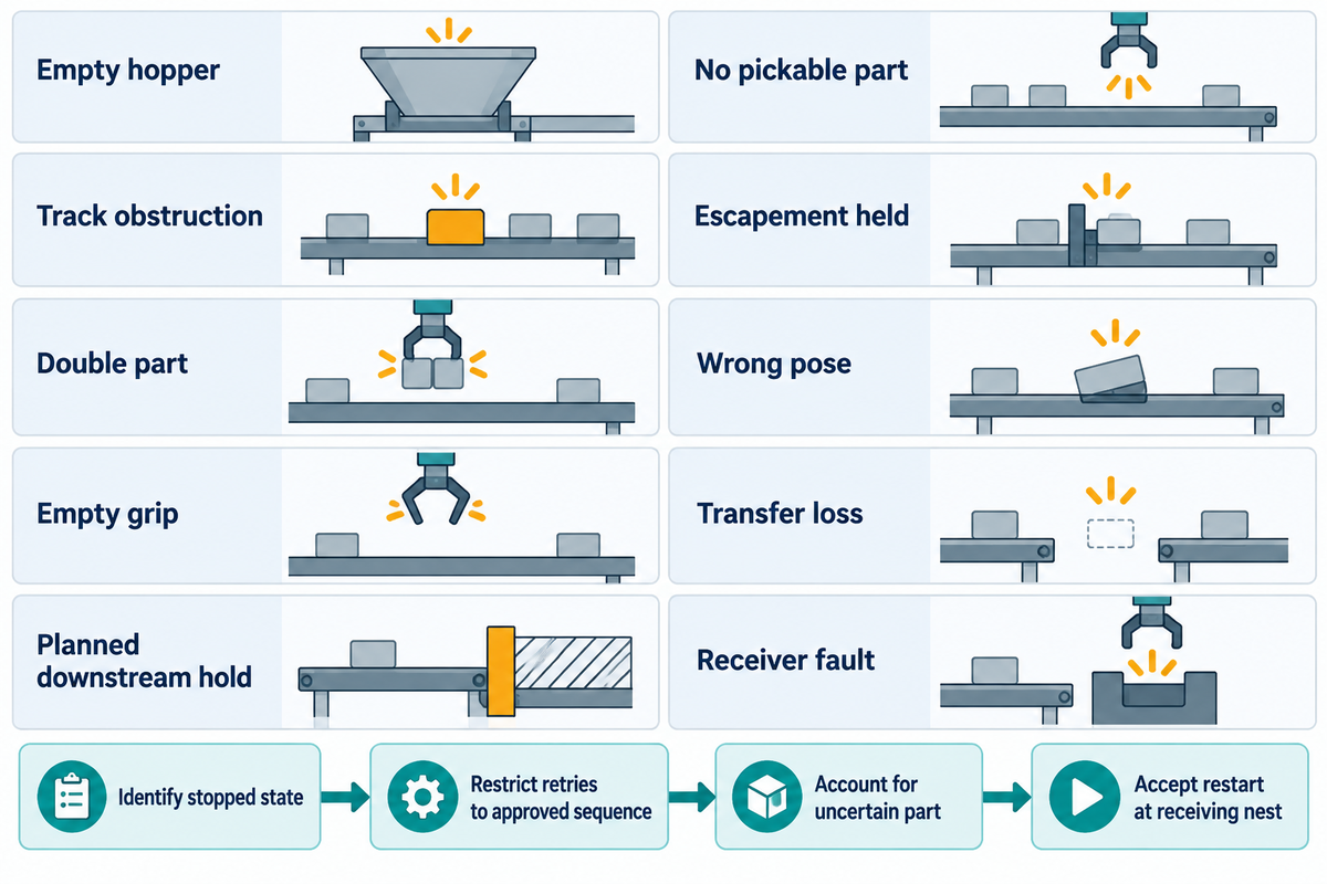 Ten distinct feeder fault cases paired by family, with approved recovery, uncertain-part accounting and receiving-nest acceptance required for restart closure.