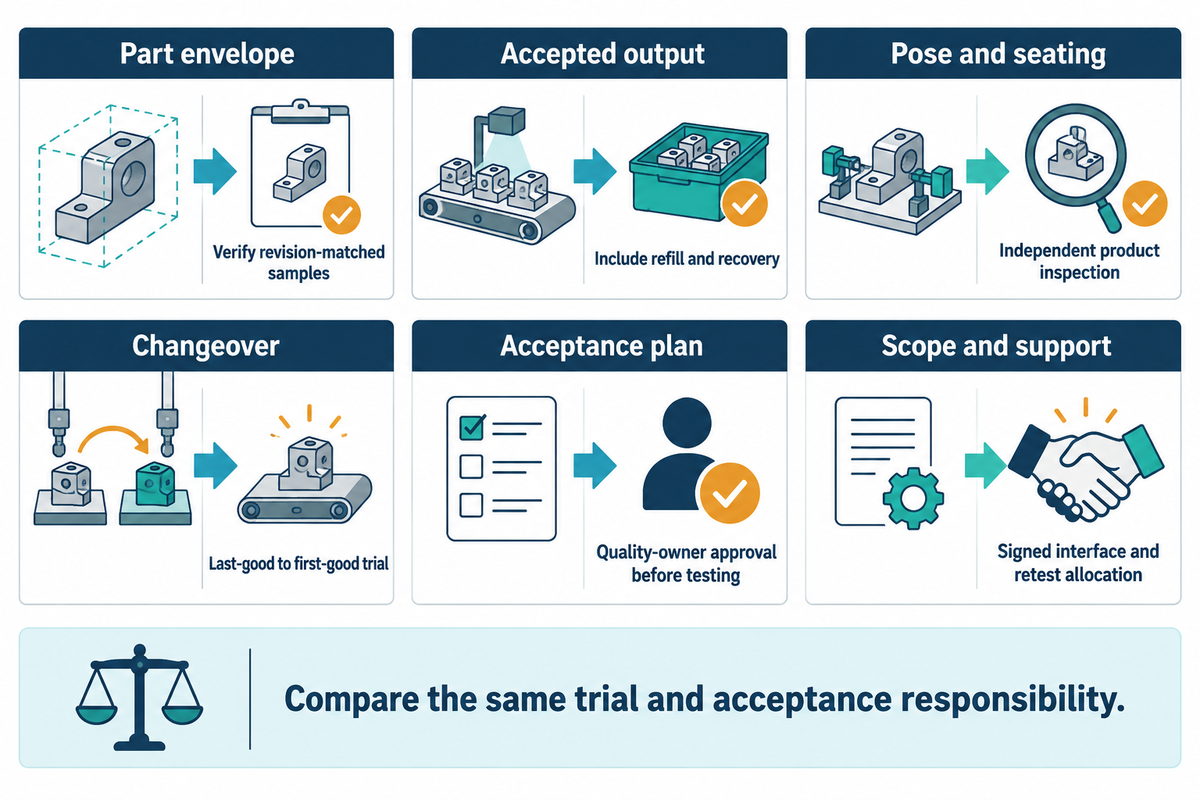 Six quotation inputs paired with verification: part samples, accepted output, seating, changeover, acceptance planning and signed scope allocation.