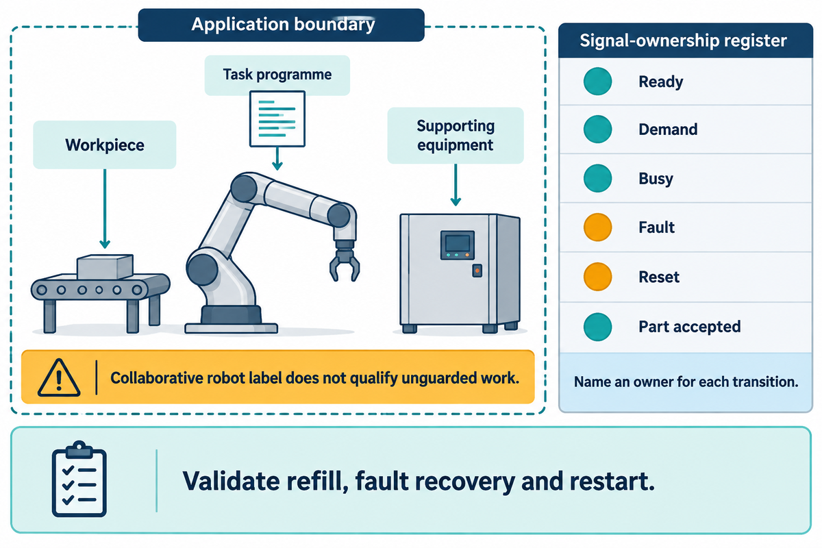Whole-application review includes workpiece, programme, supporting equipment and named signal-transition owners, with refill, recovery and restart validation.