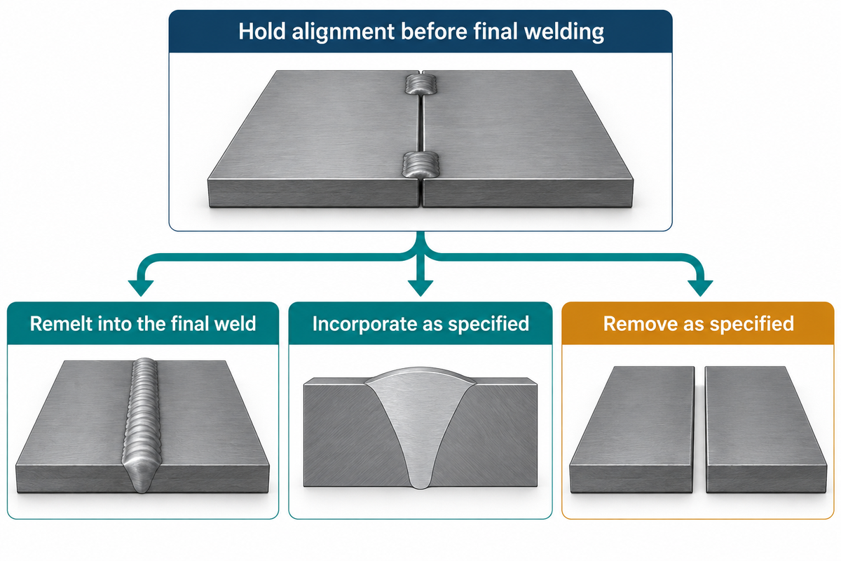 A tack holds alignment; the procedure decides whether it remains, remelts or is removed. Source: JFLF.