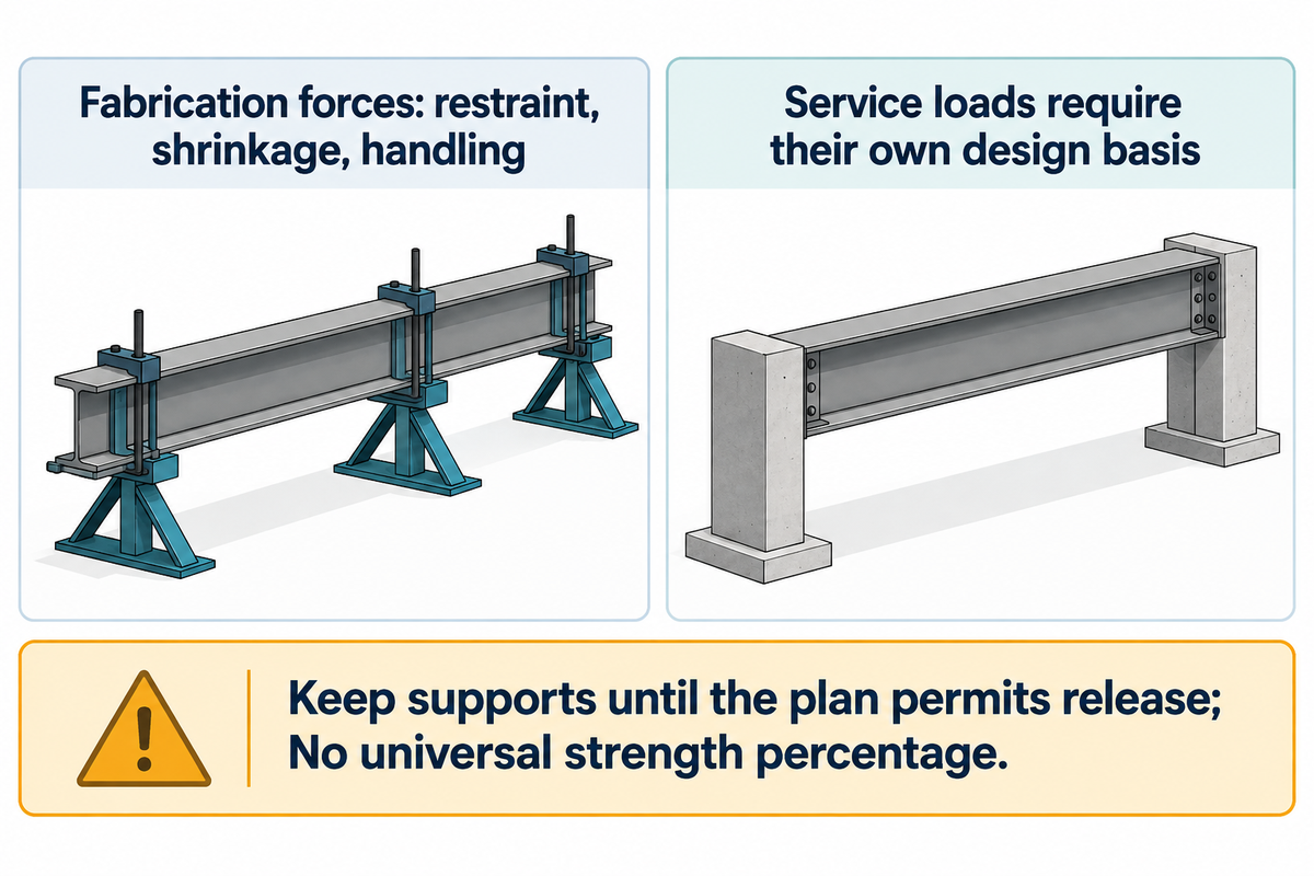 Fabrication restraint does not establish service or lifting capacity. Sources: JFLF and The Fabricator.