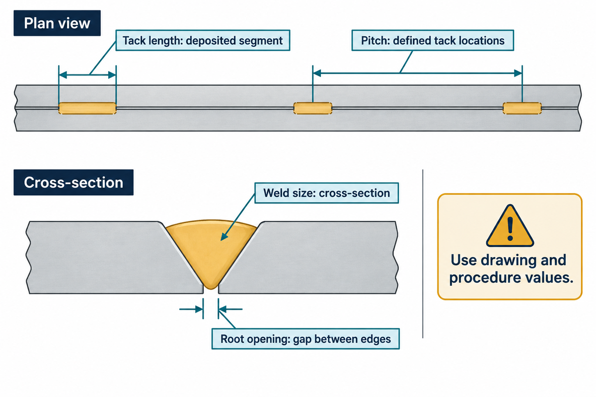Tack length, weld size, pitch and root opening are separate drawing inputs. Source: JFLF design guidance.
