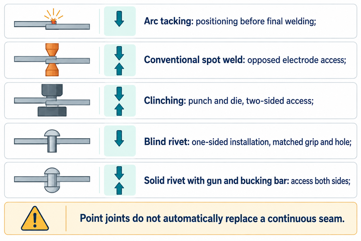 Tacking, conventional spot welding, clinching and riveting differ in function and access. Sources: TWI, DVS, EAA.