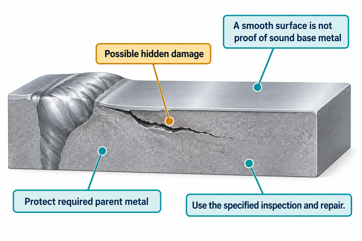 Grinding a tack flush cannot prove underlying base metal is sound. Sources: National Board and JFLF.