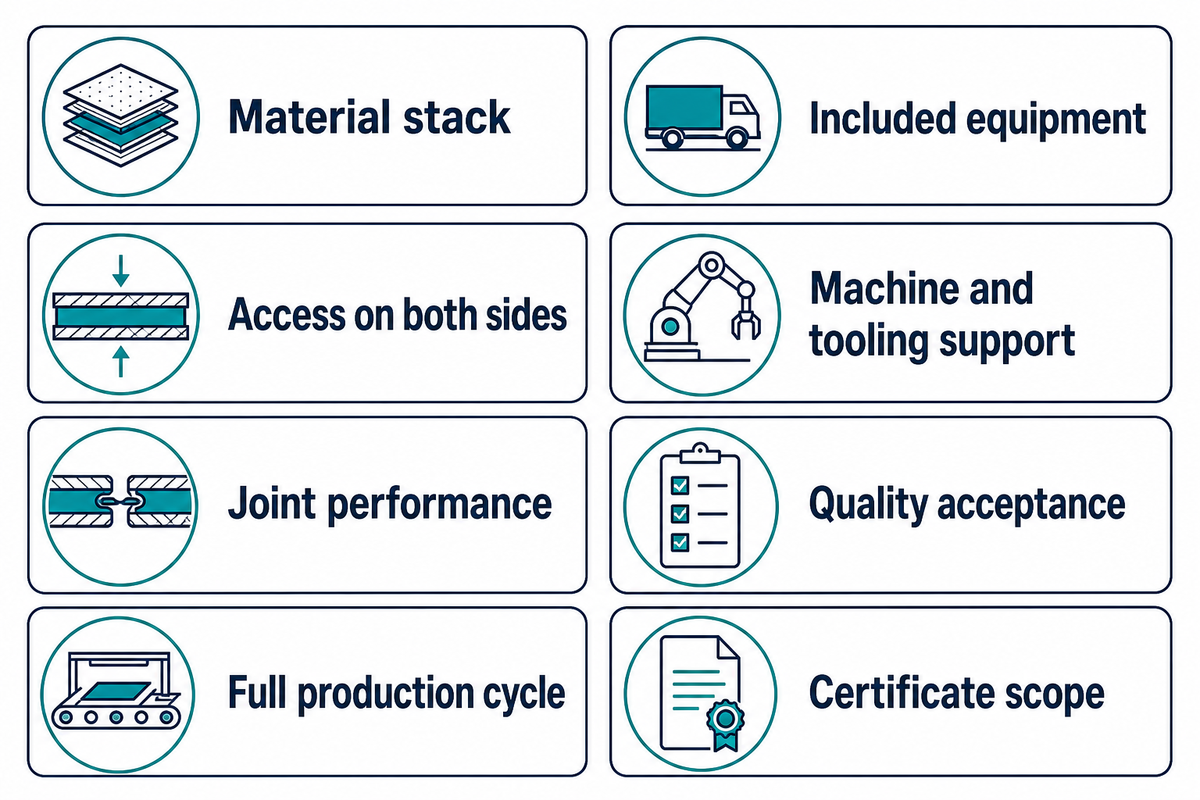 Eight quotation checks cover the material stack, access, joint, cycle, equipment, support, acceptance and certificate scope.