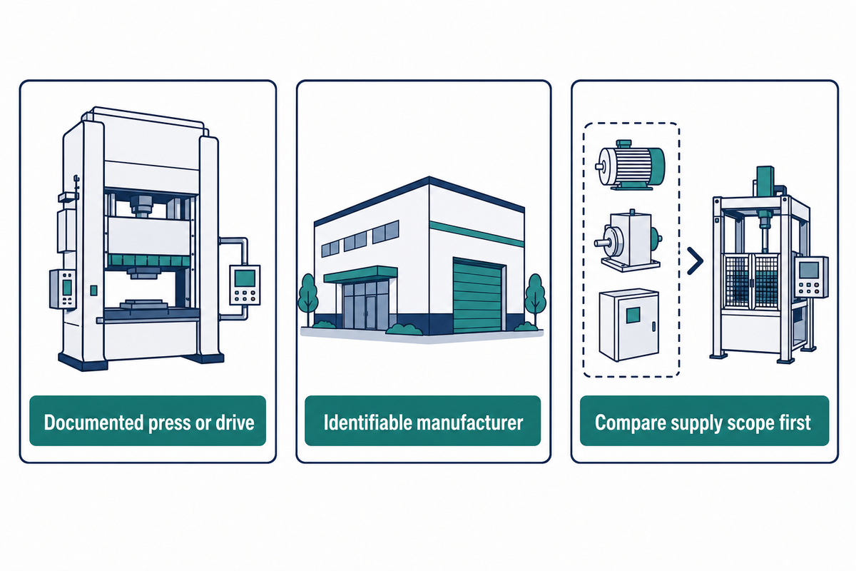 Shortlist criteria: documented press or drive, identifiable manufacturer and a clearly defined supply scope.
