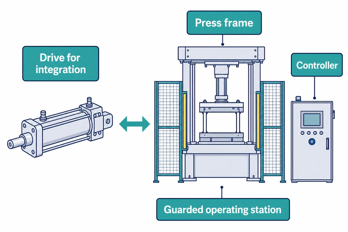 A drive for integration and a complete press with frame, controller and guarding represent different supply scopes.