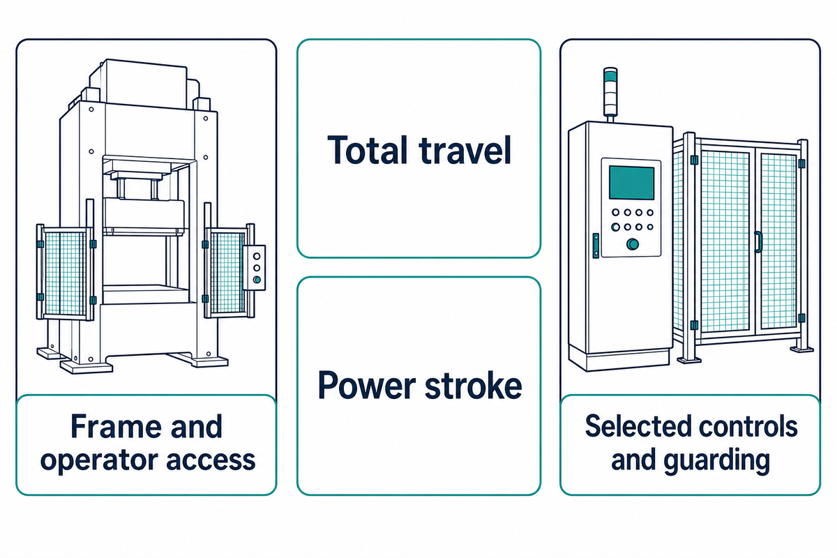 Check frame access, total travel, power stroke and selected controls on the proposed press configuration.