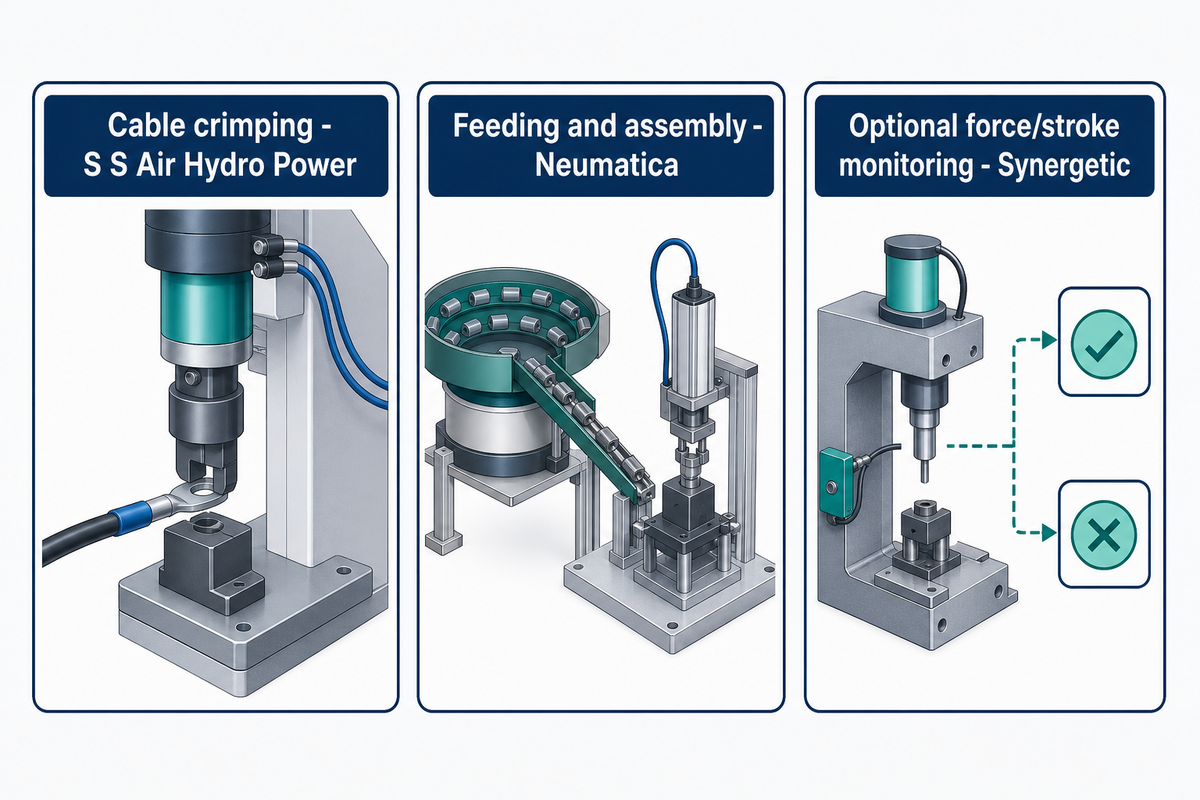 Application examples: cable crimping, feeding and assembly automation, and optional force-versus-stroke monitoring.