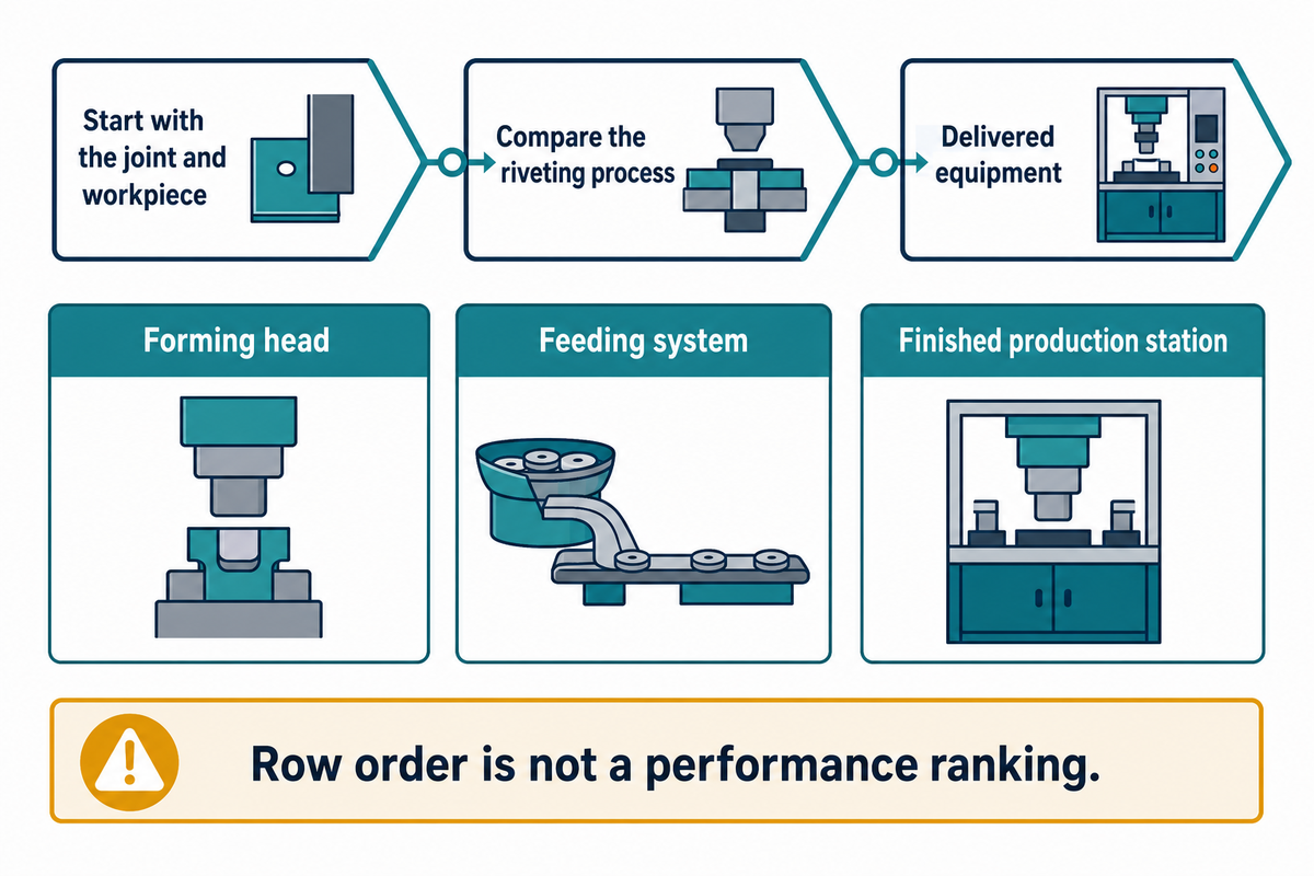 Read the 20-supplier table by joint, riveting process and delivery scope: forming head, feeder or finished station.