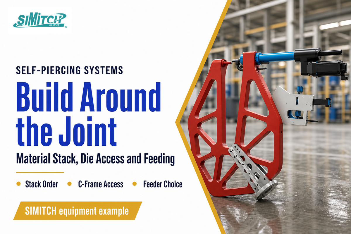 SIMITCH self-piercing equipment example with material stack, die access and feeder choice as project inputs.