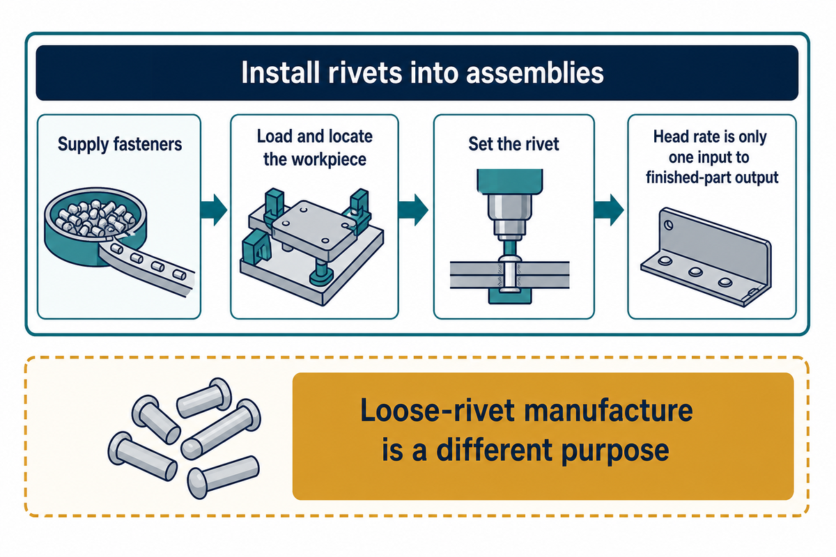 Rivet installation includes supply, part handling and setting; head speed alone does not define finished-part output.