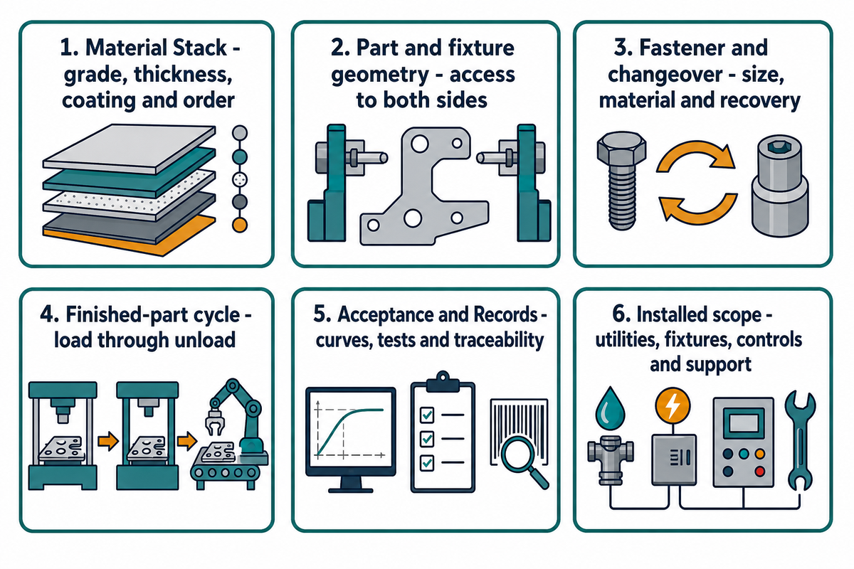 Six ordered quotation inputs cover material stack, access, fastener, full cycle, acceptance records and installed scope.