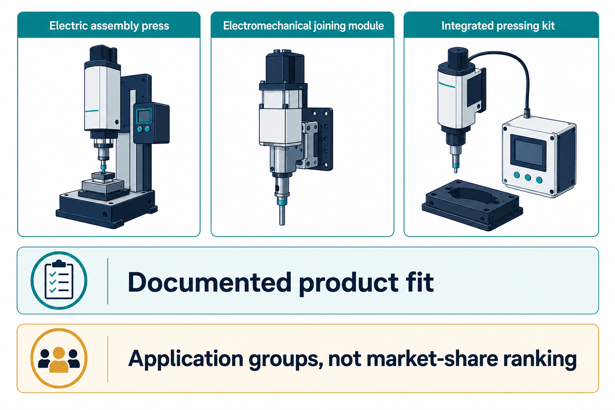 Included products are assembly presses, joining modules and pressing kits, grouped by documented application fit.