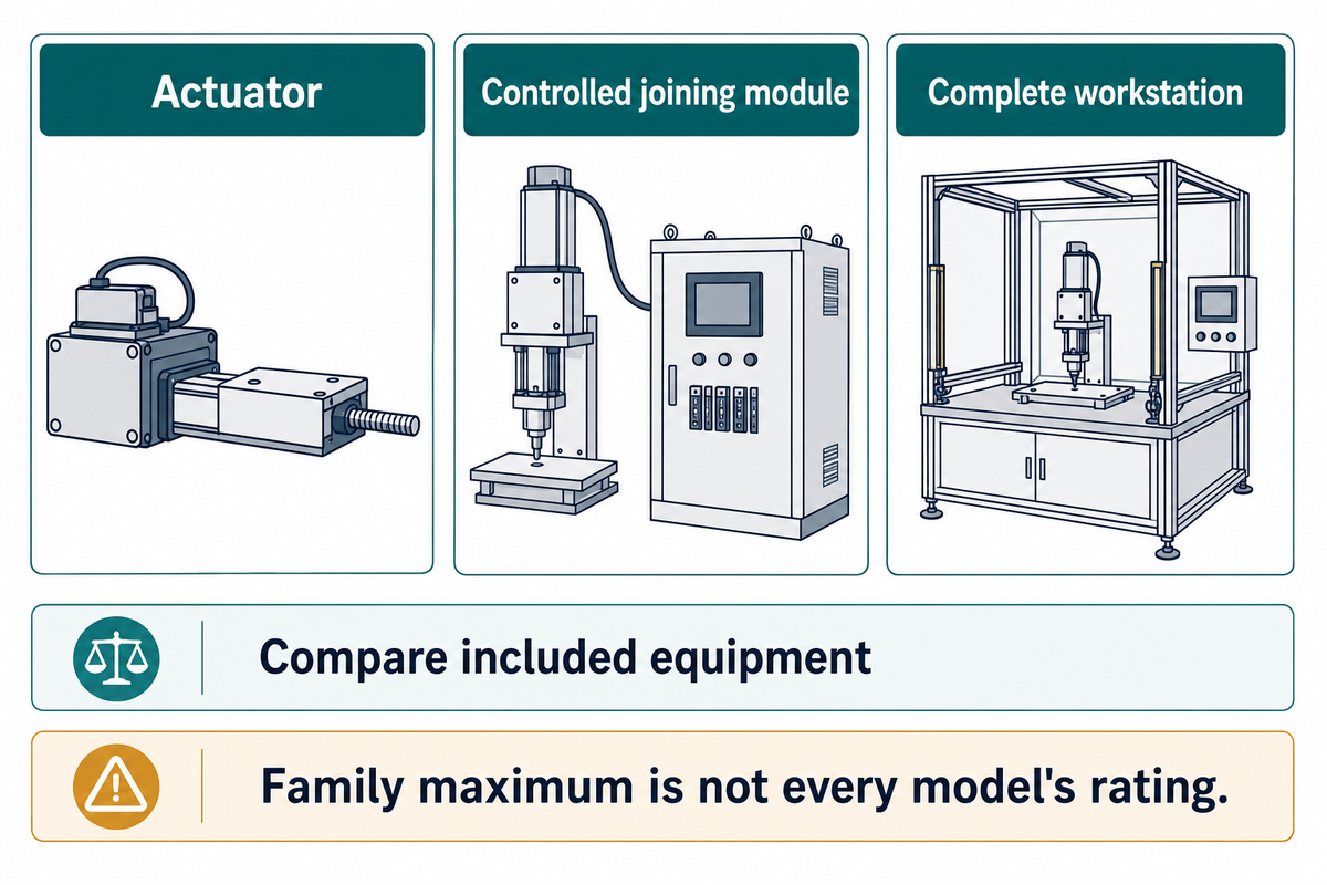 Actuator, controlled joining module and complete workstation quotes include different equipment; compare named models.