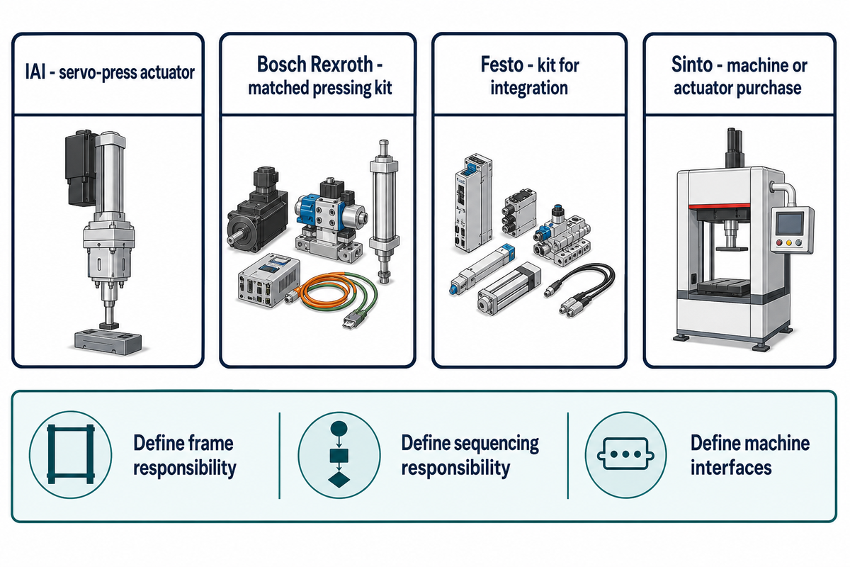 IAI, Bosch Rexroth, Festo and Sinto offer different integration routes; define frame, sequencing and interface scope.
