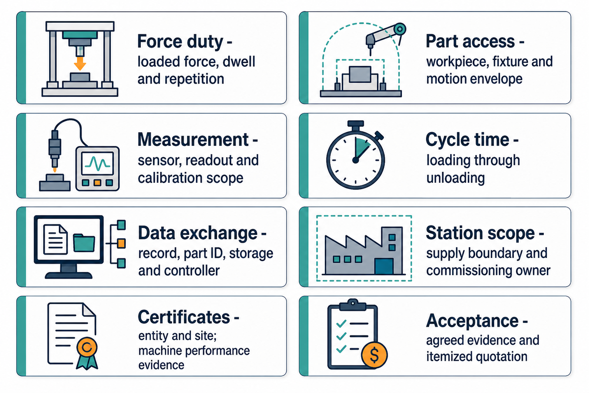 Eight servo-press buying checks link duty, access, measurement, cycle, data, scope, certificates and acceptance evidence.