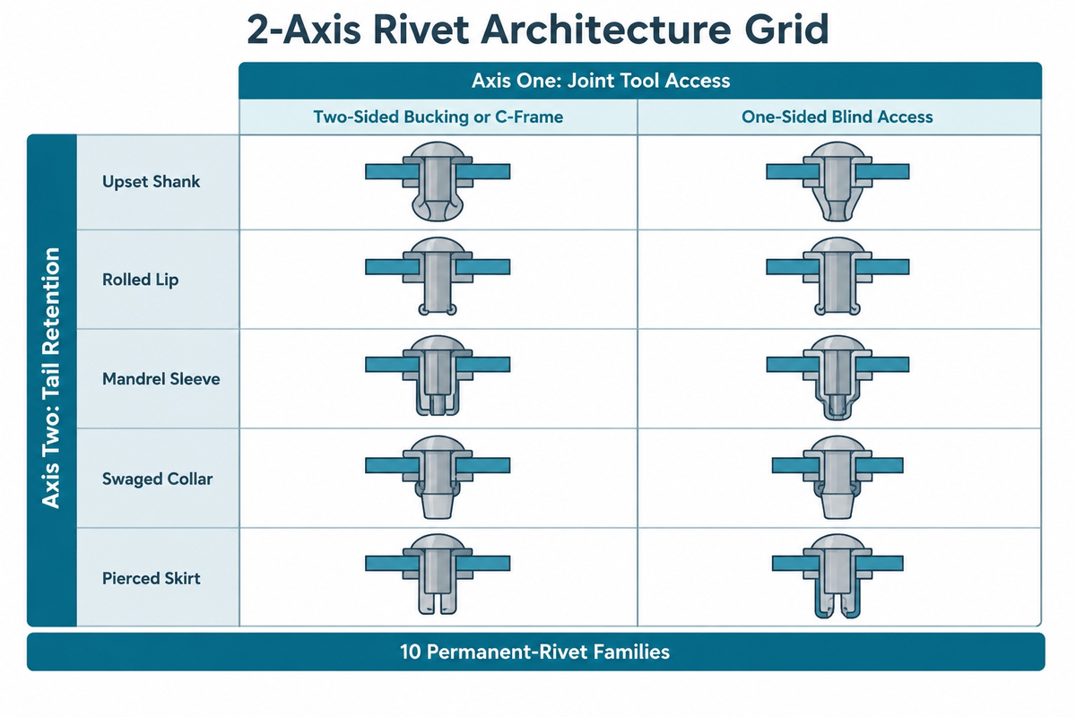 2-Axis Rivet Architecture Grid classifying 10 permanent-rivet families by tool access and tail retention (NASA RP-1228)