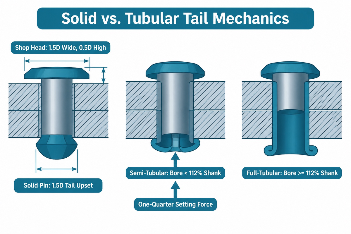 Solid vs semi-tubular and full-tubular rivets showing 1.5D bucked tail and 112% bore depth threshold (FAA AC 43.13-1B & Universal Rivet)