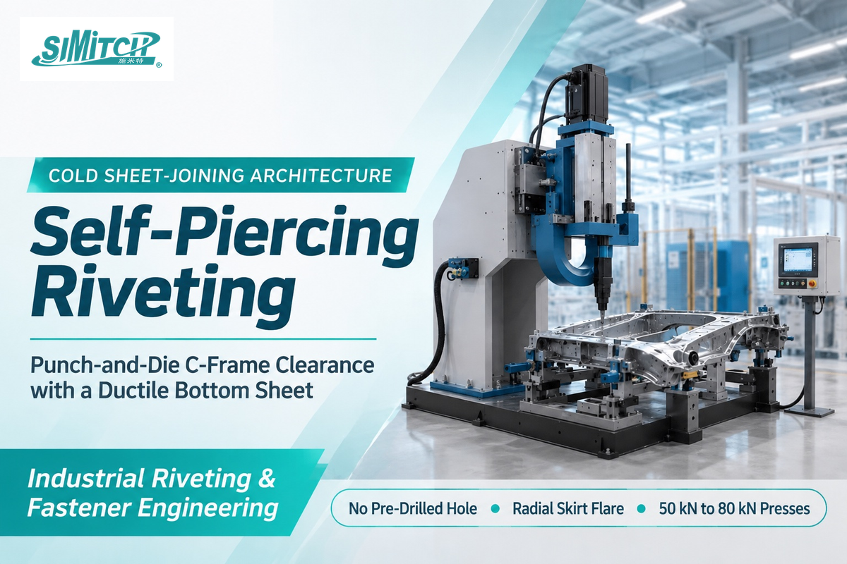 Robotic C-frame self-piercing riveting system applying 50 kN to 80 kN cold forming loads without pre-drilled holes (TWI SAE 2001-01-0979)