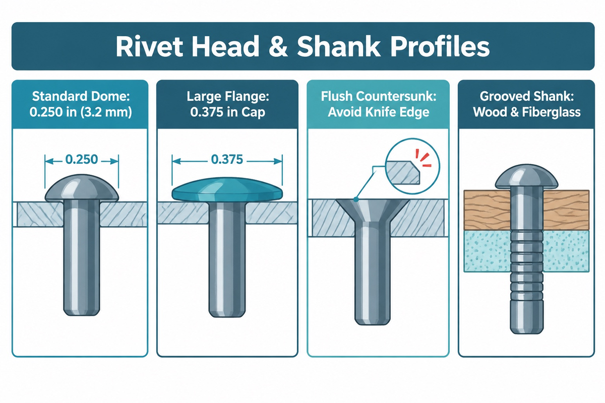 Rivet head profiles comparing 0.250-inch dome, 0.375-inch large flange, flush countersunk, and grooved shanks (Jay-Cee Sales & Rivet)