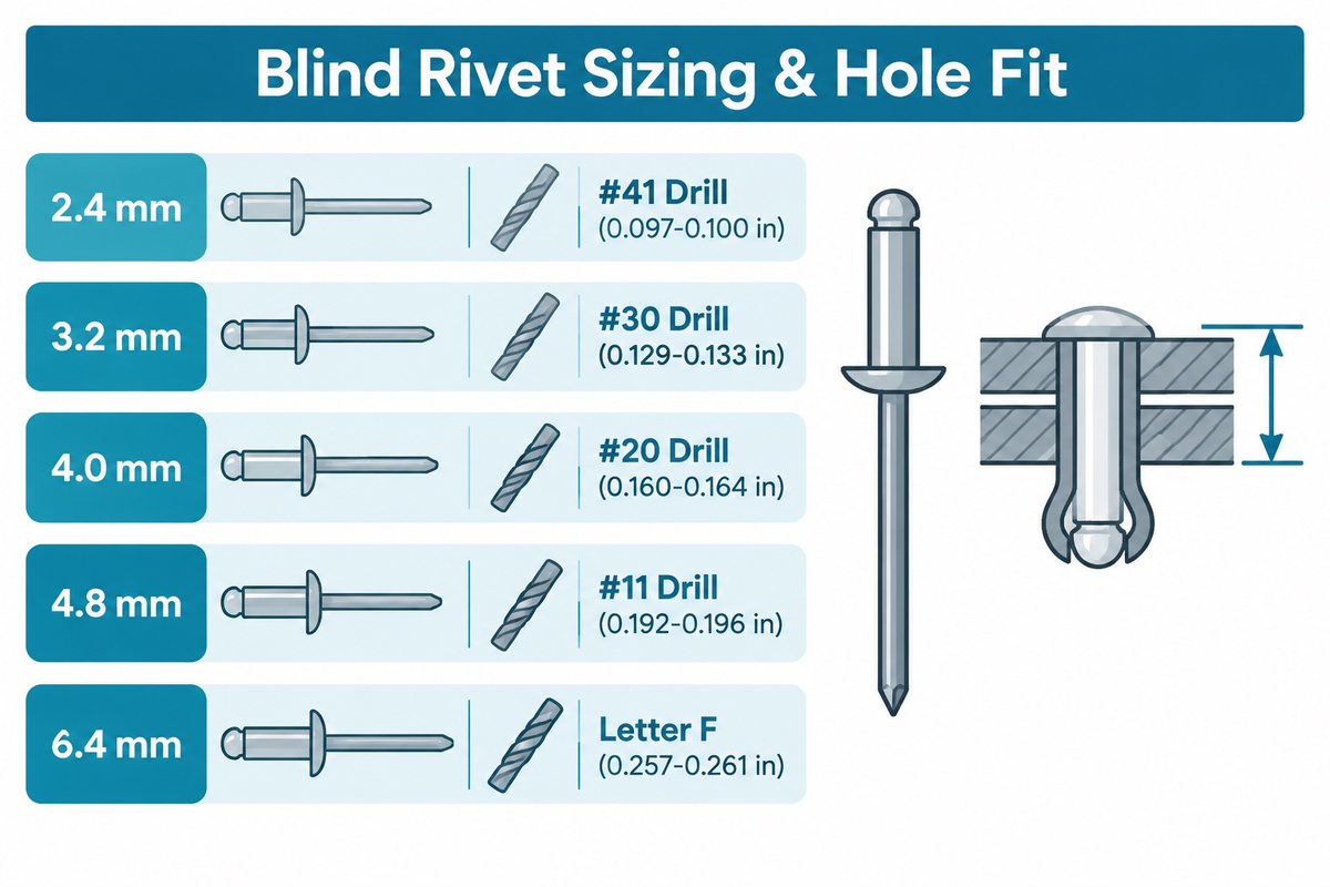 IFI blind rivet hole clearance chart from 2.4 mm (#41 drill) to 6.4 mm (letter F drill) and grip rules (Jay-Cee Sales & Rivet)