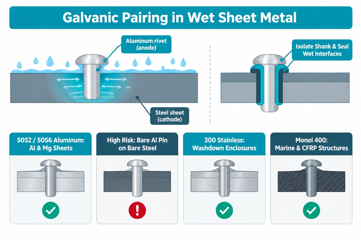 Rivet material and galvanic corrosion pairing chart across 5052/5056 aluminum, 300-series stainless steel, and Monel 400 (NASA RP-1228)