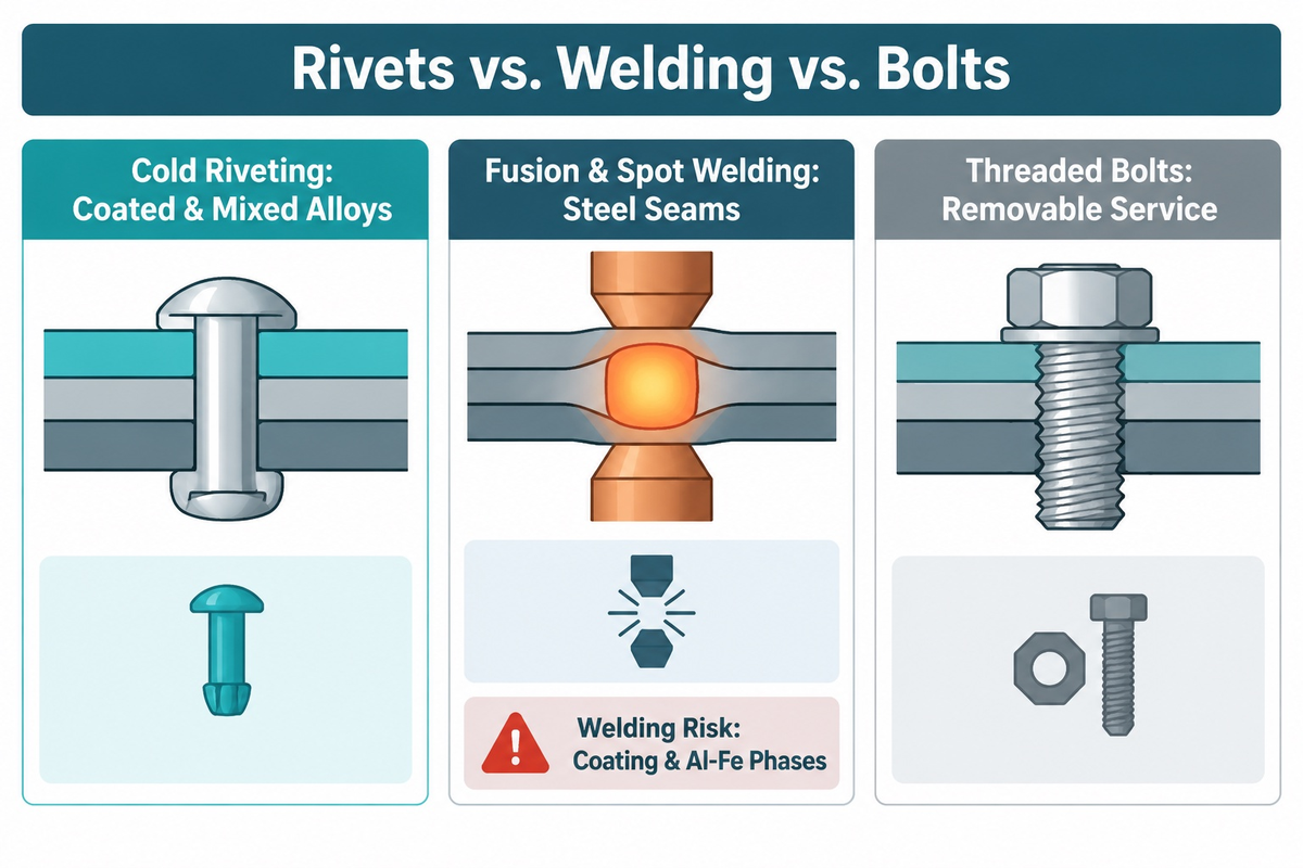 Joint method comparison contrasting cold mechanical rivets, steel welding, and removable bolts on multi-material sheets (Frontiers in Materials 2025)