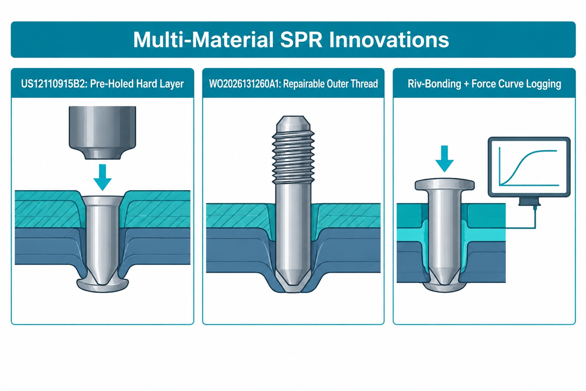 Multi-material riveting architecture comparing pre-holed SPR (US12110915B2), repairable threaded SPR (WO2026131260A1), and riv-bonding